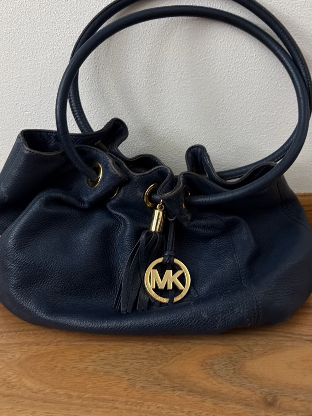 Michael Kors Navy Leather Tassel Drawstring Shoulder Bag